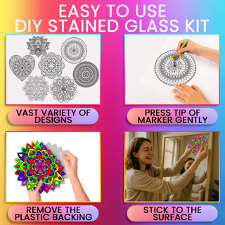 Stained Glass Kit for Kids and Adults - DIY Mandala Window Art Clings with Markers, 10 Unique Designs - Mandala Art Kit with Advanced Adhesive, Great for Any Flat Surfaces